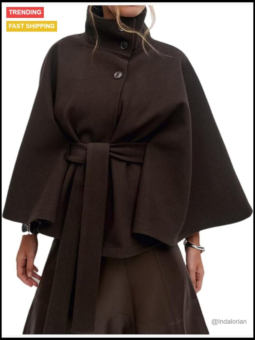 Batwing Sleeve Poncho Coat Oversized Winter Pea Coat Stand Collar Cropped Cape